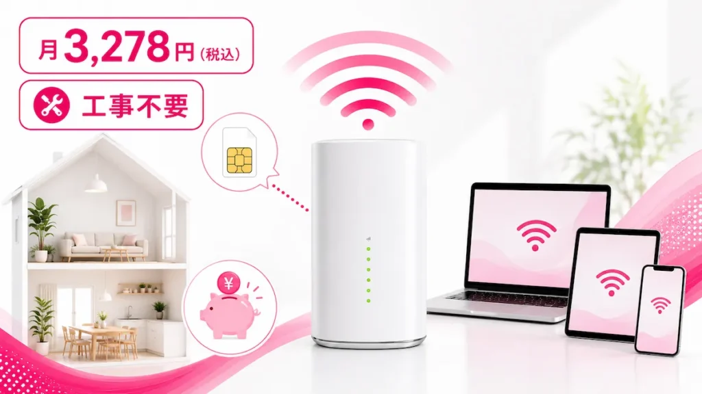 楽天モバイルのSIMをホームルーターに挿して自宅Wi-Fiを固定回線化するイメージ図（L13・月3,278円・工事不要）