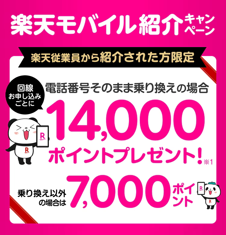楽天モバイルの従業員紹介キャンペーン第1弾の告知画像。電話番号そのまま乗り換えの場合、14,000ポイントプレゼント。新規回線以外でも7,000ポイントが付与される特典