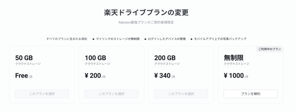 楽天ドライブのプラン変更画面。50GBの無料プランから100GB(月額200円)、200GB(月額340円)、無制限プラン(月額1,000円)へのアップグレードオプションが表示されている。