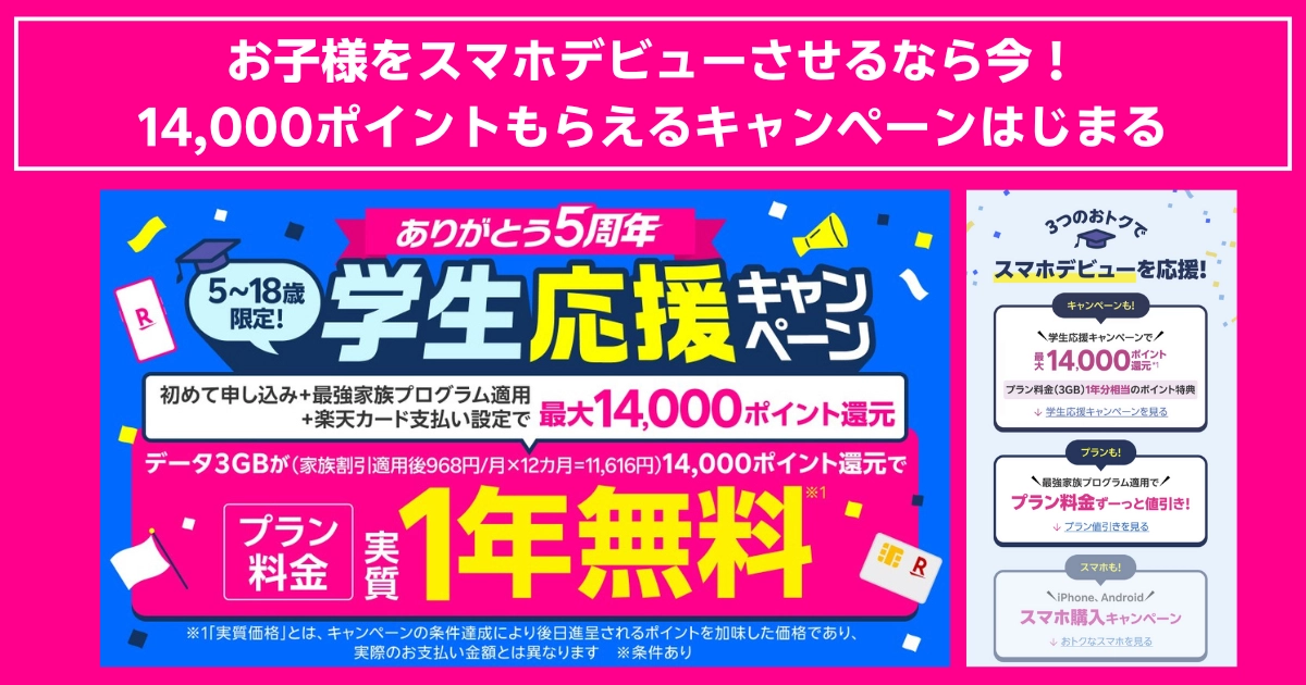 楽天モバイルの学生応援キャンペーンを告知するピンク色のバナー。5~18歳限定で最大14,000ポイント還元、プラン料金が実質1年無料になる特典などが大きく案内され、スマホデビューを応援する内容が強調されている。