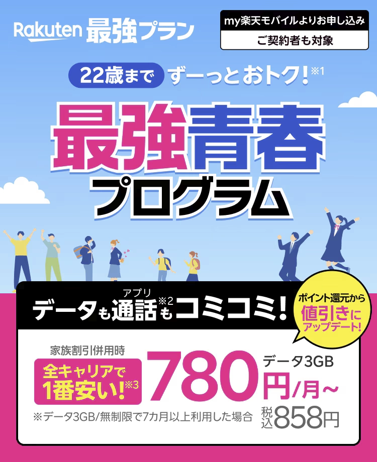 楽天モバイルの「最強青春プログラム」キャンペーン告知画像。22歳までデータ通信と通話が含まれるプランが、家族割引適用で月額780円(税込858円)から利用可能。ポイント還元から値引きに変更され、よりお得にアップデート。