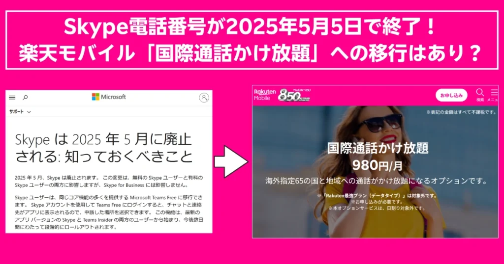 Skypeの電話番号サービスが2025年5月5日に終了することを知らせる画像。楽天モバイルの『国際通話かけ放題』オプションへの移行を提案している。
