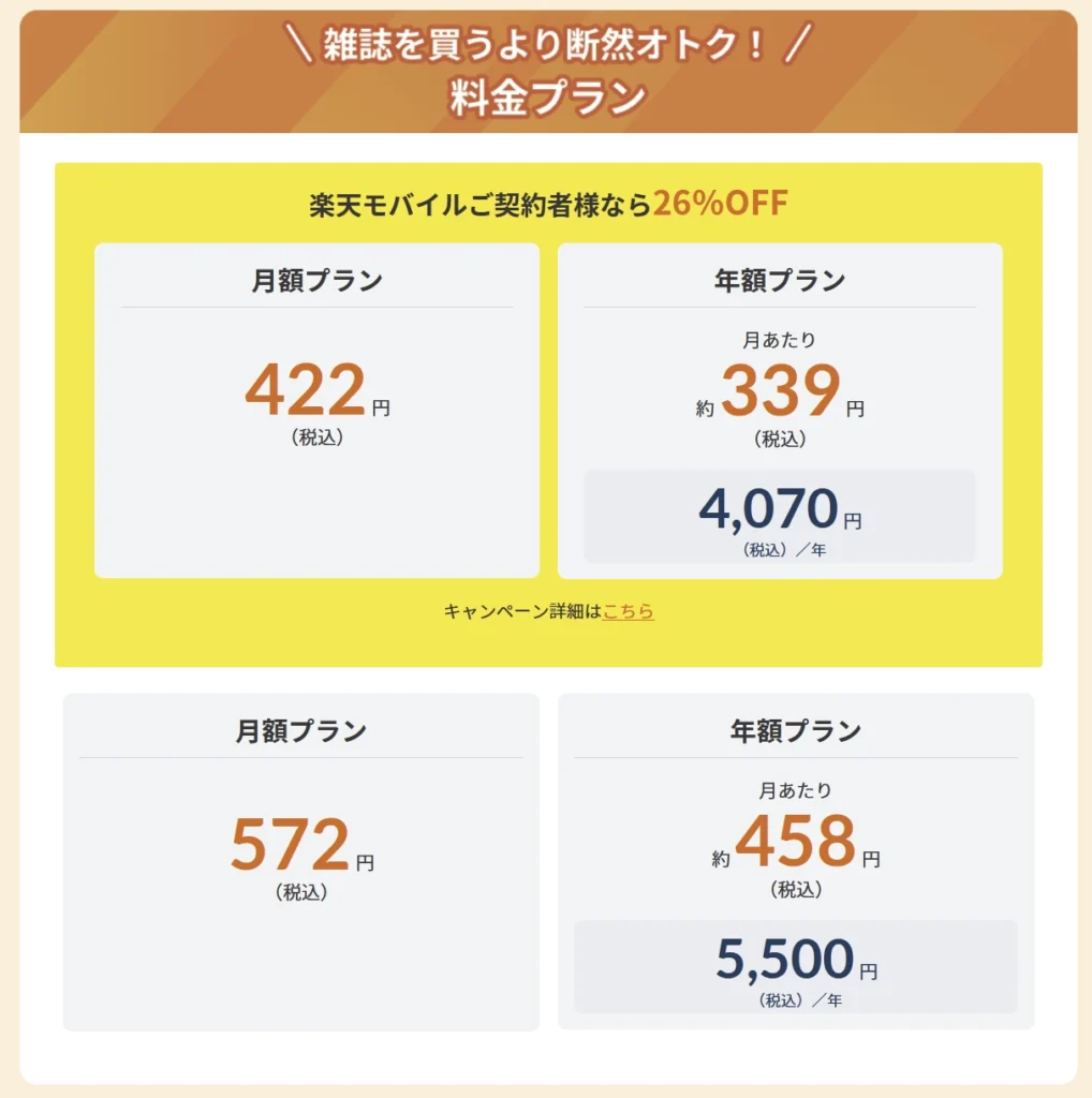 楽天モバイルユーザーは楽天マガジンを最大26%オフで利用可能!通常プランとモバイル契約者限定プランを比較した料金表。月額・年額プラン両方の税込価格が記載。