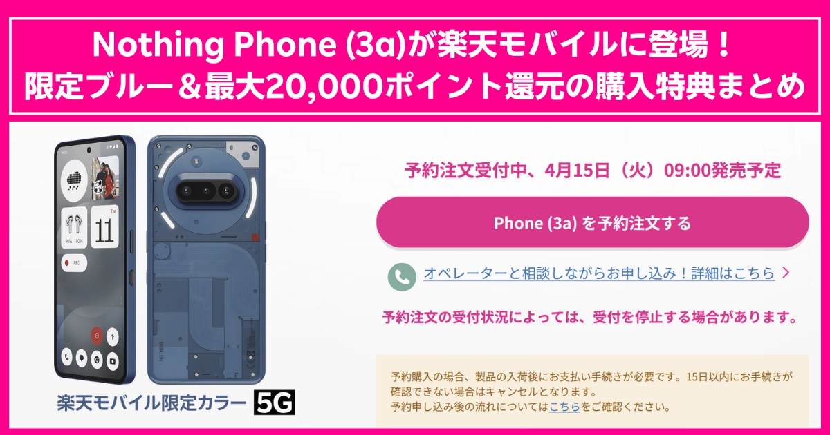 Nothing Phone (3a) の楽天モバイル限定カラー（ブルー）登場を告知する画像。最大20,000ポイント還元キャンペーン付きで、2025年4月15日9:00より発売予定。予約受付中の案内も記載。