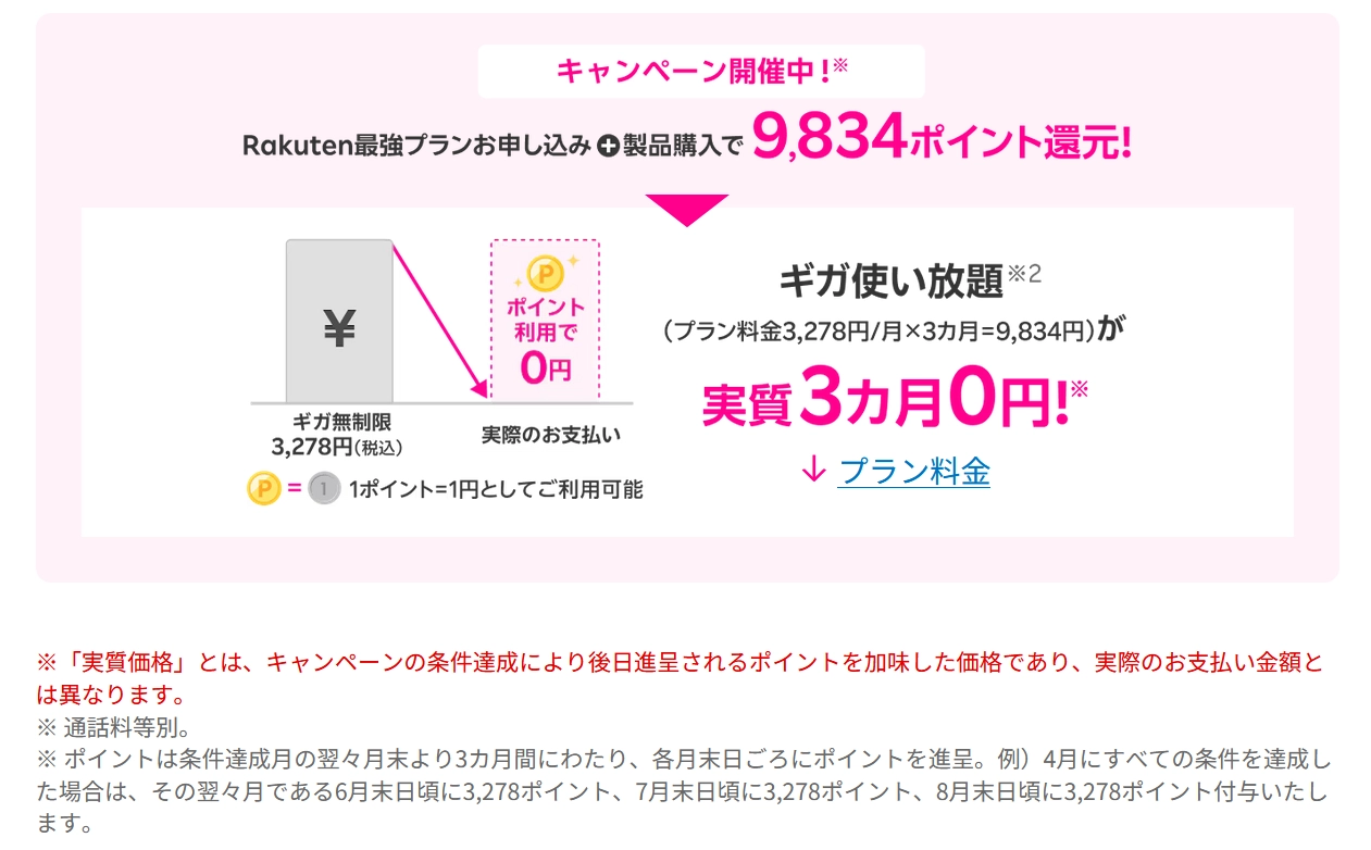 Rakuten最強プランの申し込みと製品購入で9,834ポイント還元され、実質3カ月間無料になるキャンペーンの案内画像。