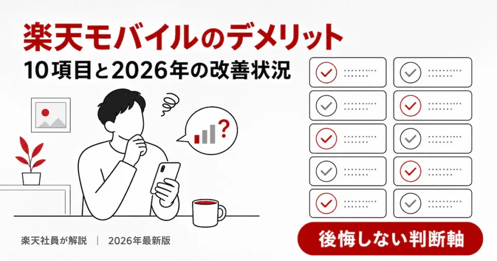 楽天モバイルのデメリット10項目と2026年の改善状況・対策を解説する記事のアイキャッチ