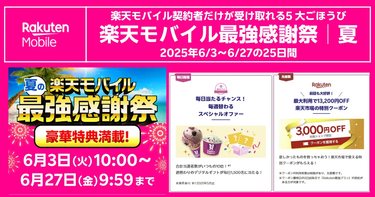 【楽天モバイル最強感謝祭│夏】5大特典を全部取りする方法(2025年6/3〜6/27)