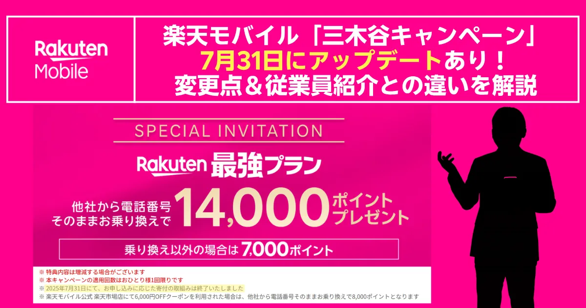 楽天モバイルの鮮やかなピンク色バナー。「三木谷キャンペーン」が7月31日にアップデートされたことを告知し、従業員紹介との違い・変更点を解説する見出し。中央には“最強プラン”乗り換えで最大14,000ポイント進呈(乗り換え以外は7,000ポイント)の特典を強調。右側にガッツポーズの人物シルエット、左上にRakuten Mobileロゴを配置。