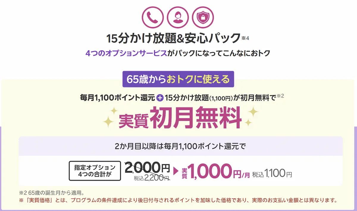 楽天モバイルの65歳以上向け15分かけ放題&安心パック。初月無料と毎月1,100ポイント還元の特典案内