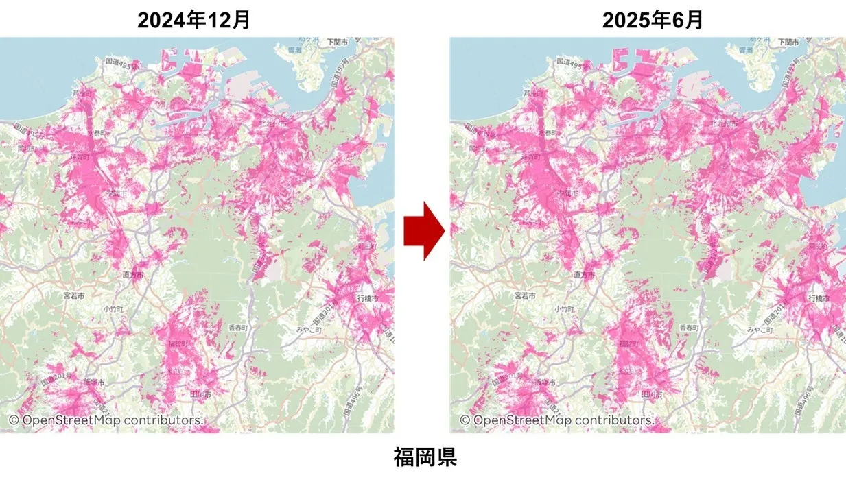 楽天モバイルのサービスエリア拡大マップ。福岡県の2024年12月時点(左)と2025年6月時点(右)を比較し、ピンク色の通信可能エリアが広がっている様子を示している。