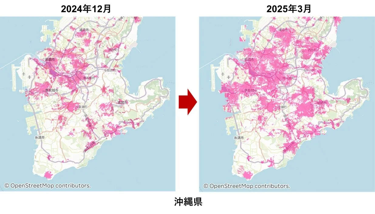 楽天モバイルのサービスエリア拡大マップ。沖縄県の2024年12月時点(左)と2025年3月時点(右)を比較し、ピンク色で表示されたエリアが大幅に増えていることを示している。