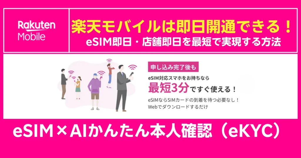 楽天モバイルのeSIM即日開通案内。AI本人確認で最短3分利用可能、店舗即日対応も解説する告知画像