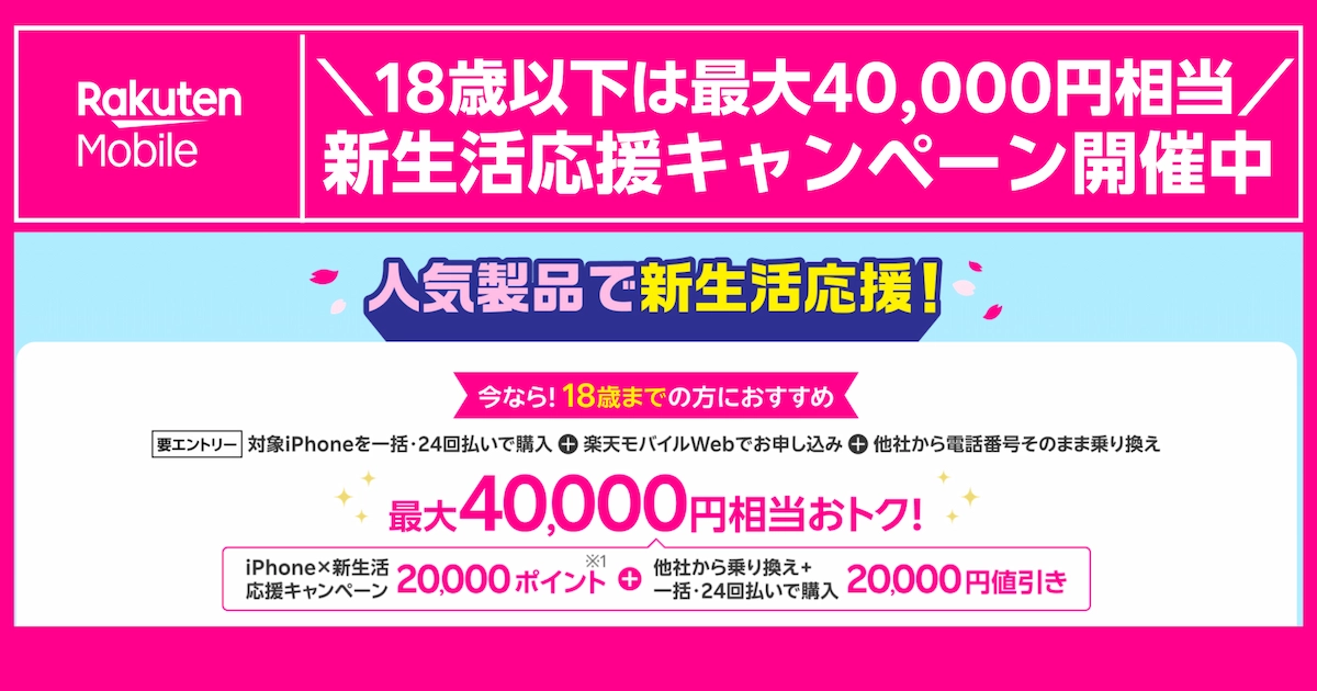 18歳以下の新生活応援キャンペーン概要(最大40,000円相当の内訳)