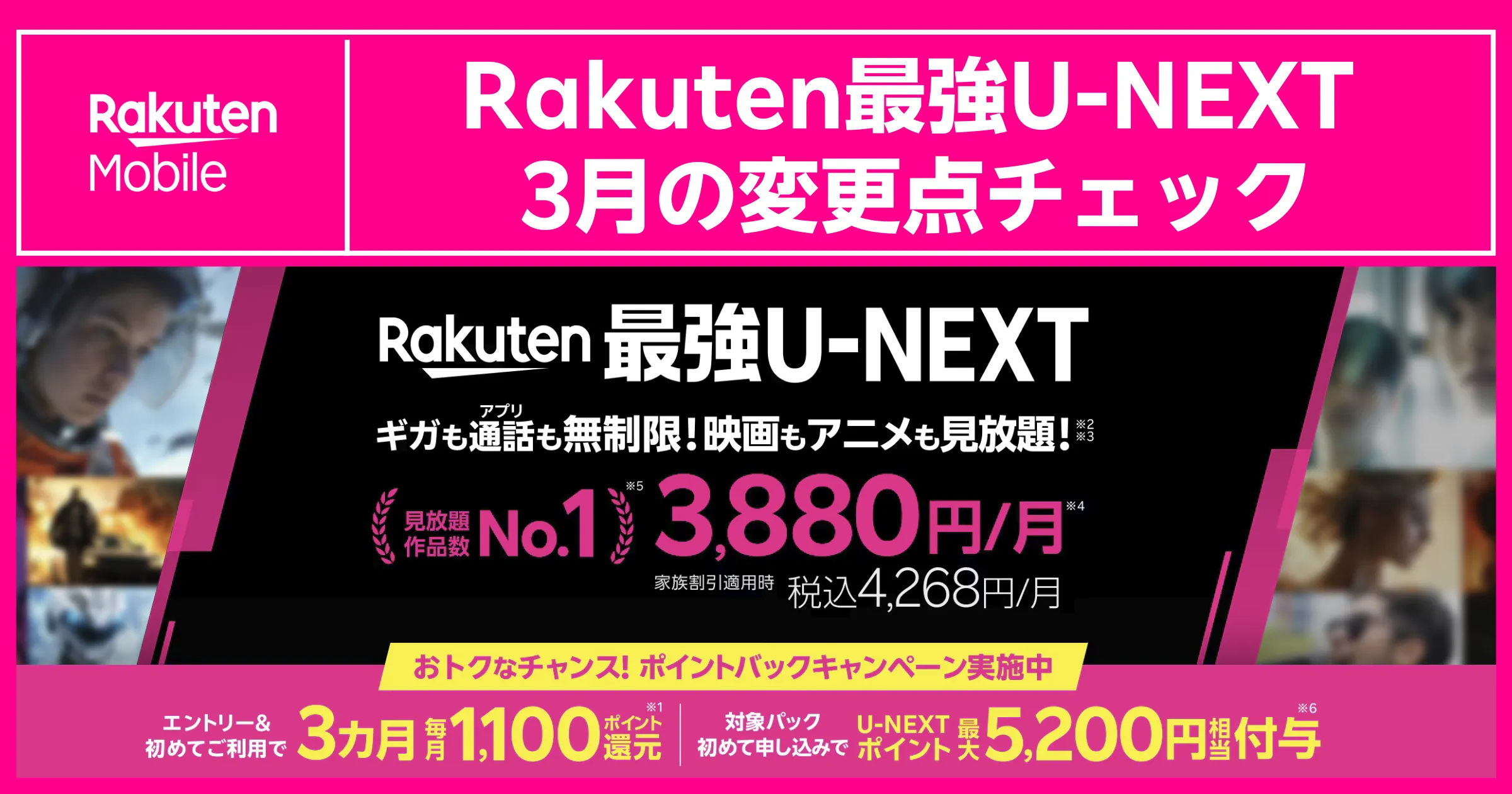 Rakuten最強U-NEXTの3月変更点チェック画像(毎月1,100pt×3カ月と最大5,200pt)