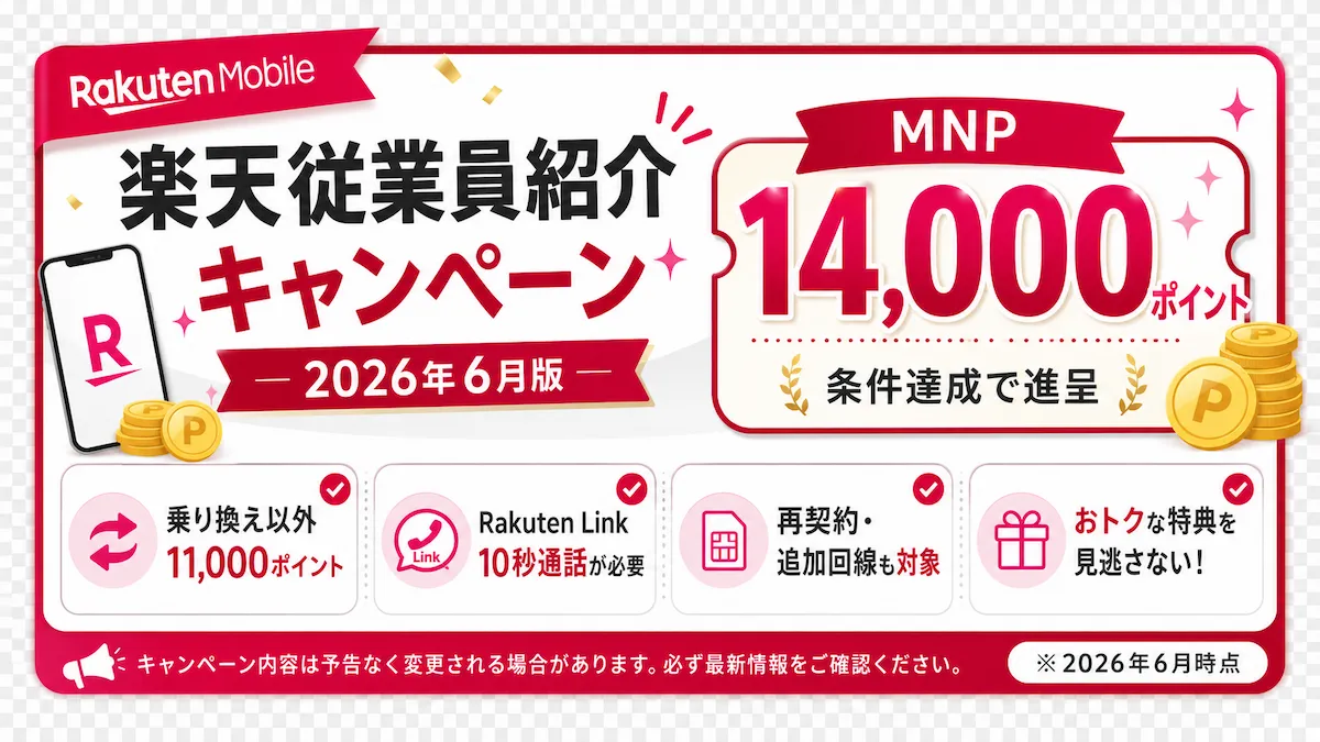 楽天従業員紹介キャンペーン2026年6月版の概要を示すアイキャッチ。MNP14,000ポイント進呈を記載